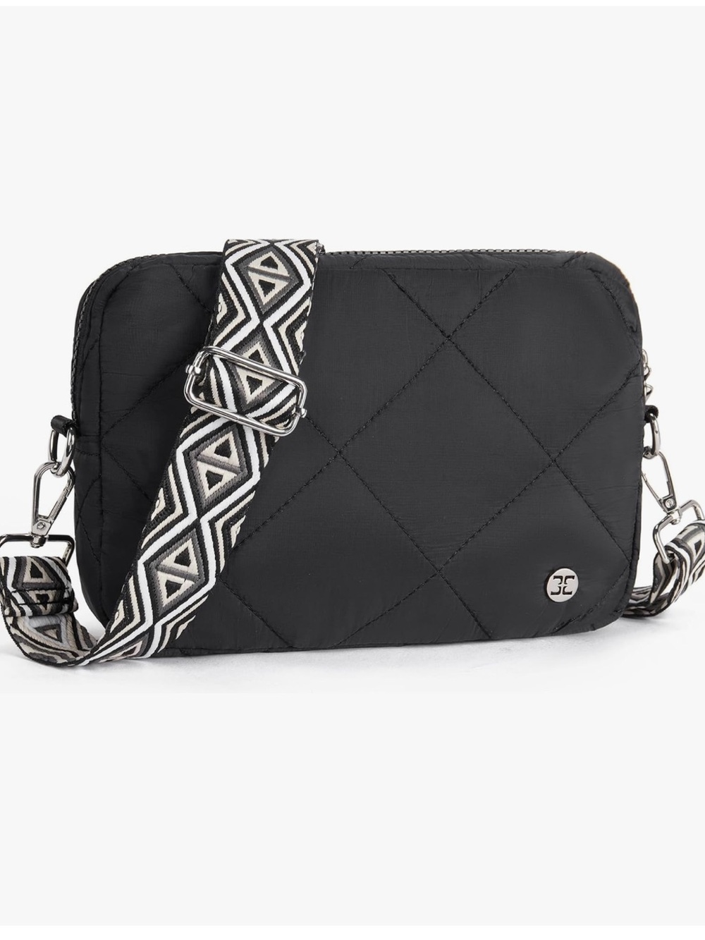 Women's Quilted Crossbody Bag with Patterned Strap - Black